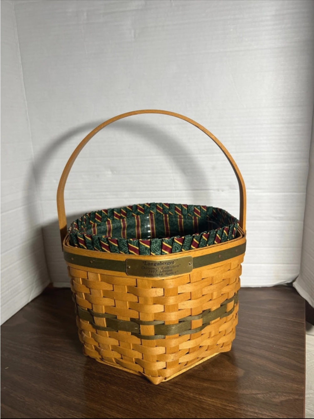 Longaberger Green-Trim Woven Basket with Pine Green Liner